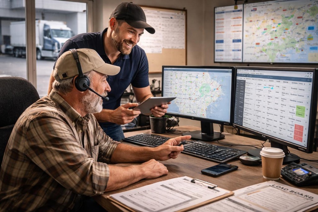 Operations team coordinating project logistics with maps and load boards